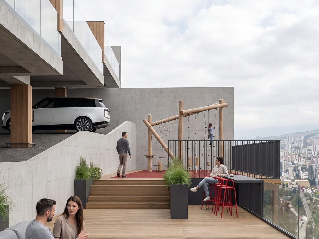 Rooftop terrace with a fire pit above Tbilisi, Sky Villas