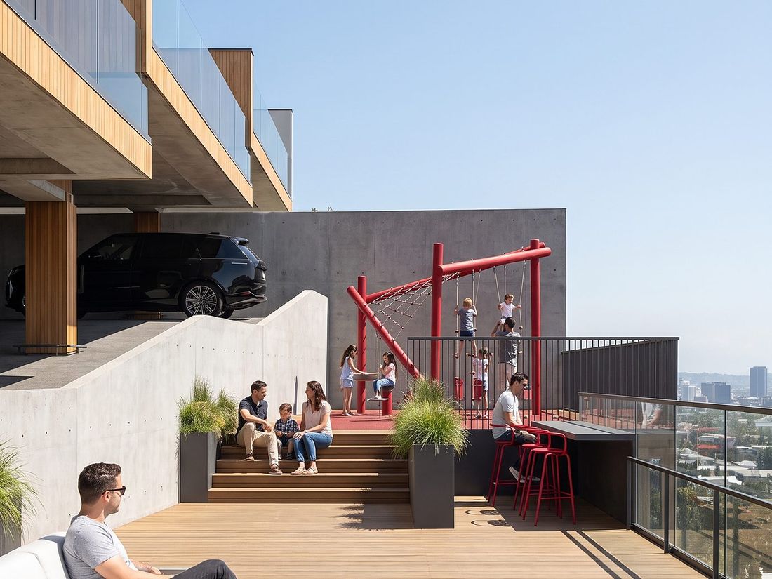 Lounge seating on the shared deck overlooking Tbilisi, Sky Villas
