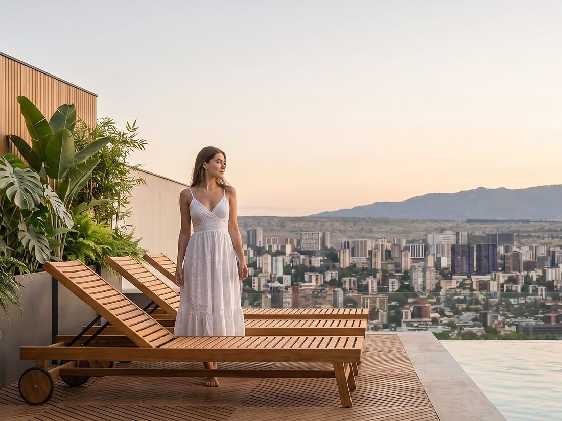 Sun loungers on the pool deck with a view across Tbilisi, Sky Villas
