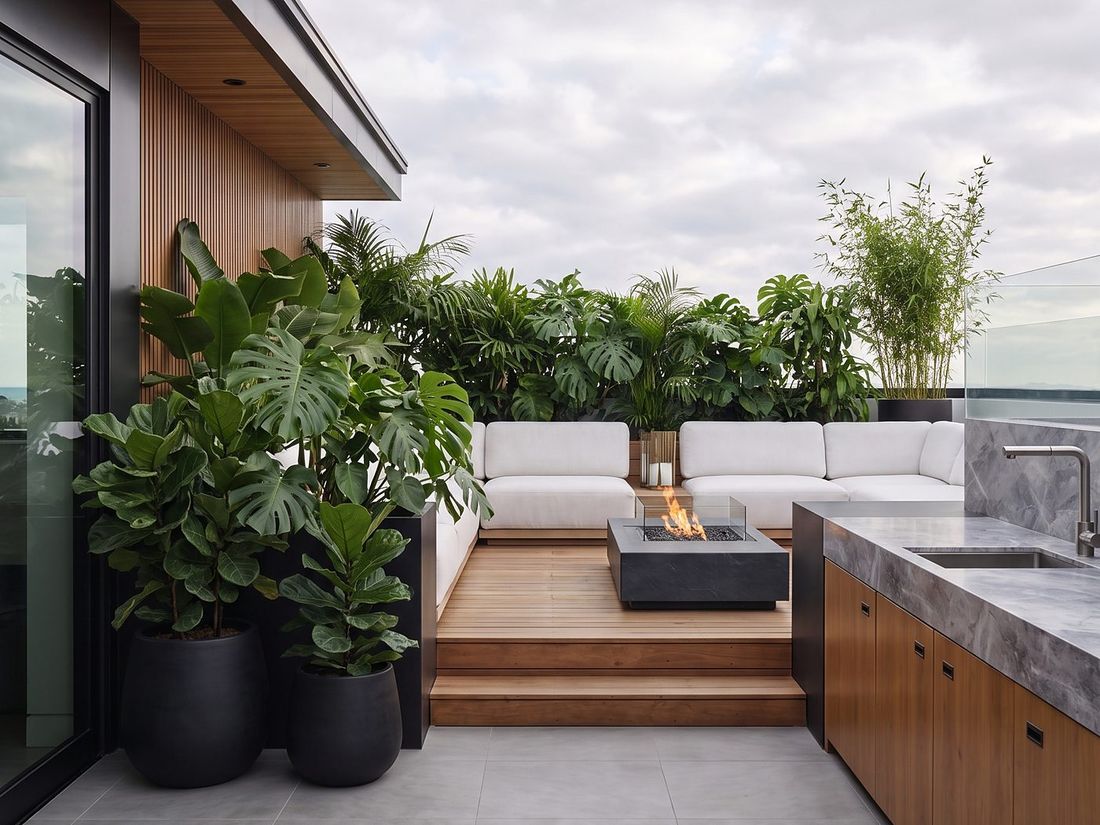 Roof terrace with outdoor kitchen and planting, Sky Villas