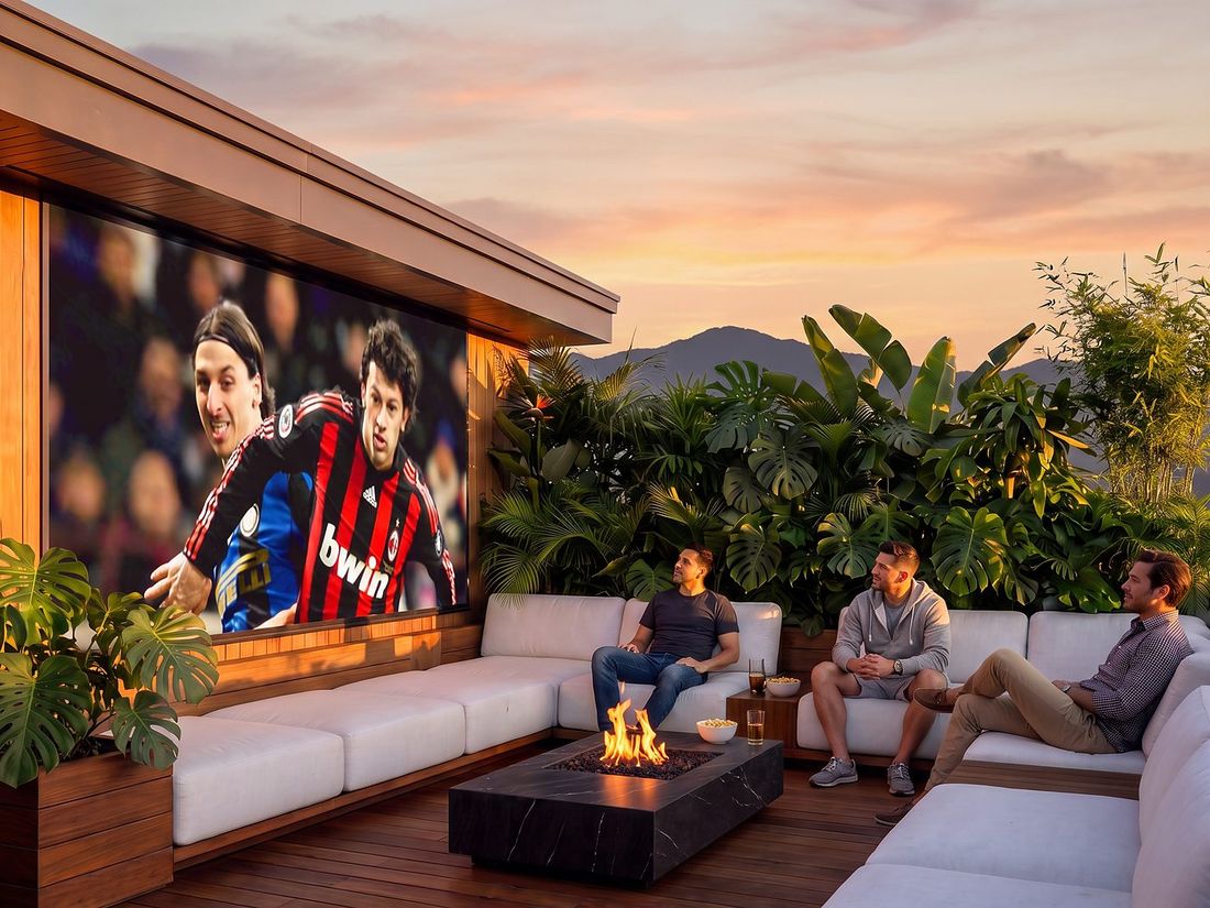Open-air cinema on the roof terrace at sunset, Sky Villas