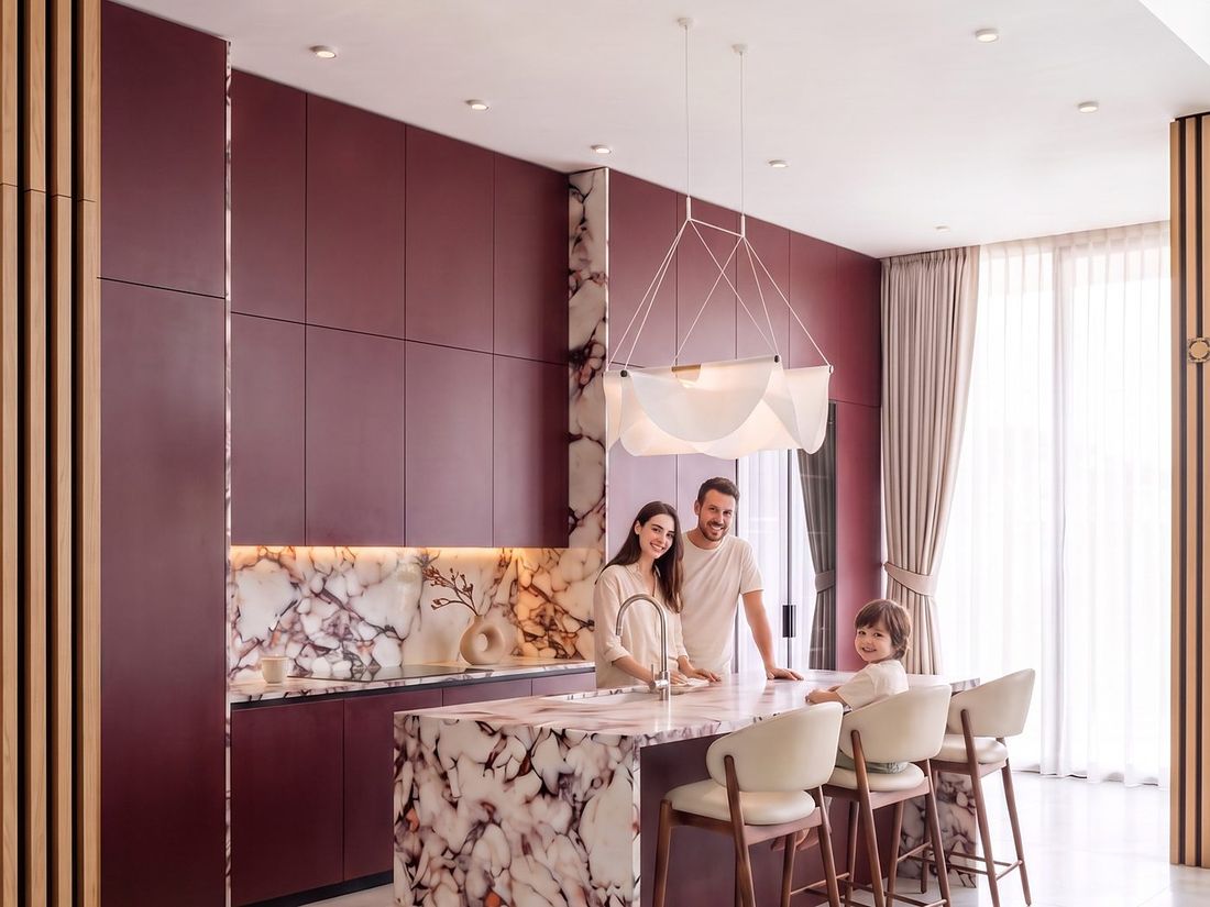 Kitchen with a marble island and bar seating, Sky Villas