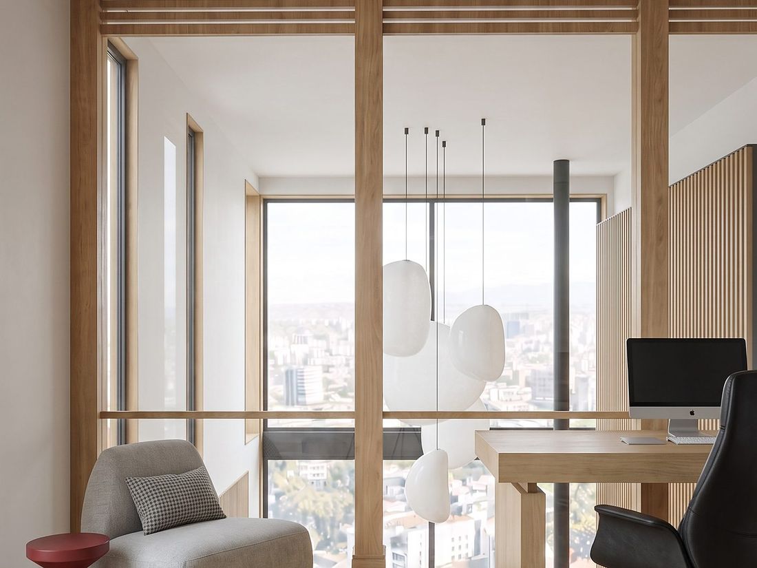 Home office with floor-to-ceiling glazing over Tbilisi, Sky Villas