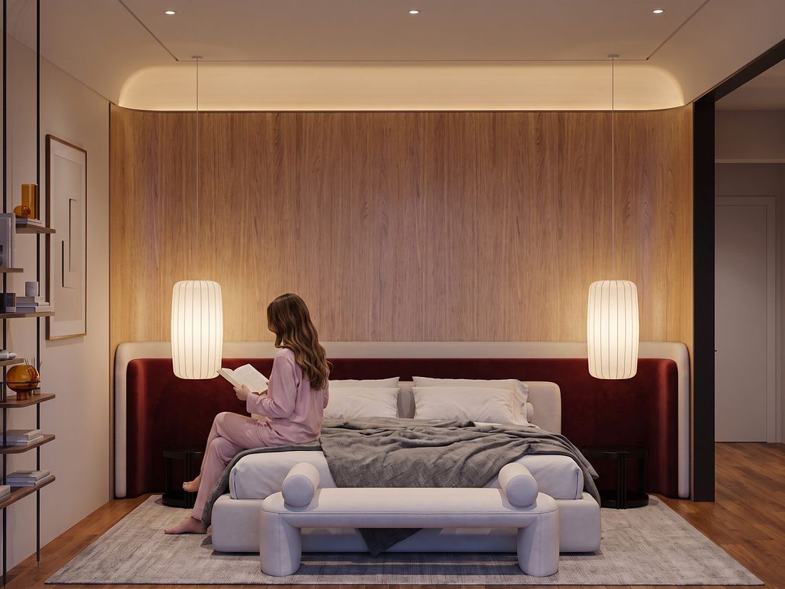 Master bedroom with a full-height wood-panelled wall, Sky Villas