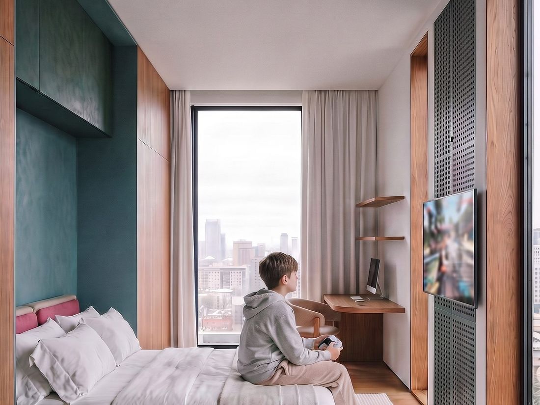 Child's bedroom with a city window, Sky Villas