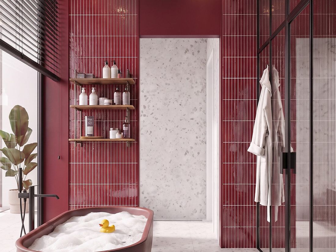 Bathroom in burgundy with a freestanding bath and walk-in shower, Sky Villas