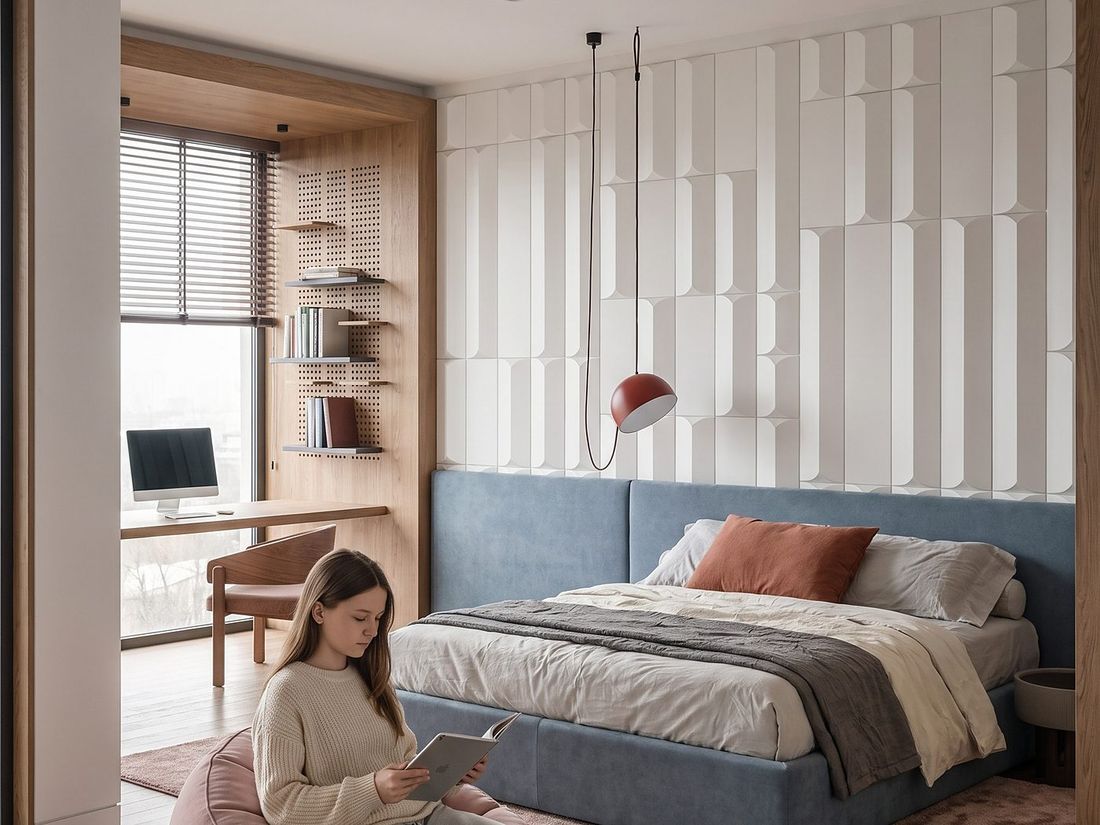 Child's bedroom with a reading corner and city window, Sky Villas