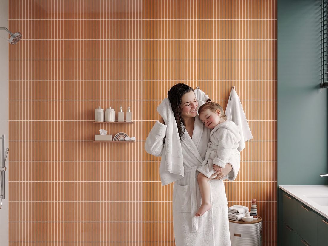 Family bathroom with bath and shower in terracotta tile, Sky Villas