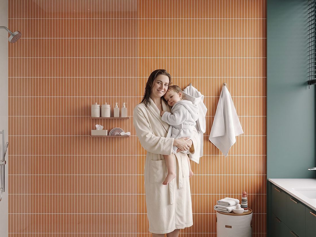 Terracotta-tiled bathroom on the bedroom level, Sky Villas