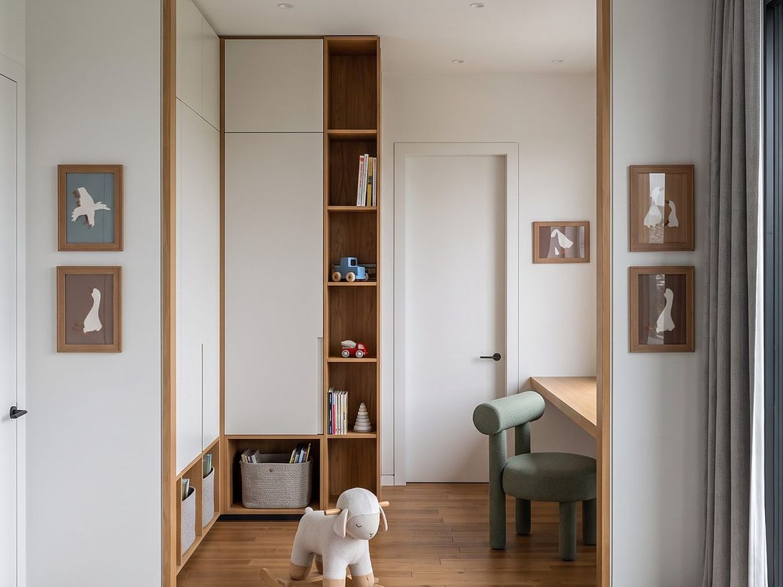 Nursery with built-in joinery and a play rug, Sky Villas