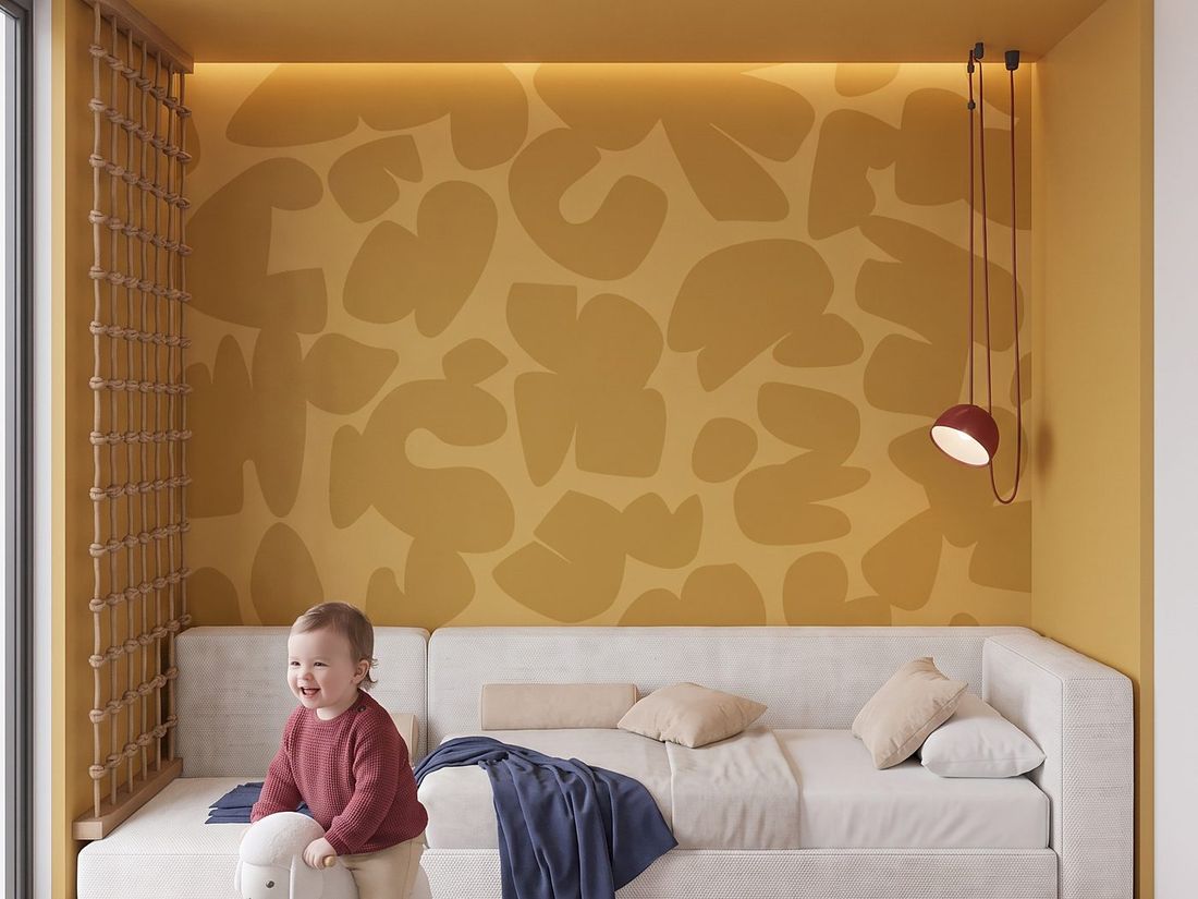 Children's playroom with a yellow feature wall, Sky Villas