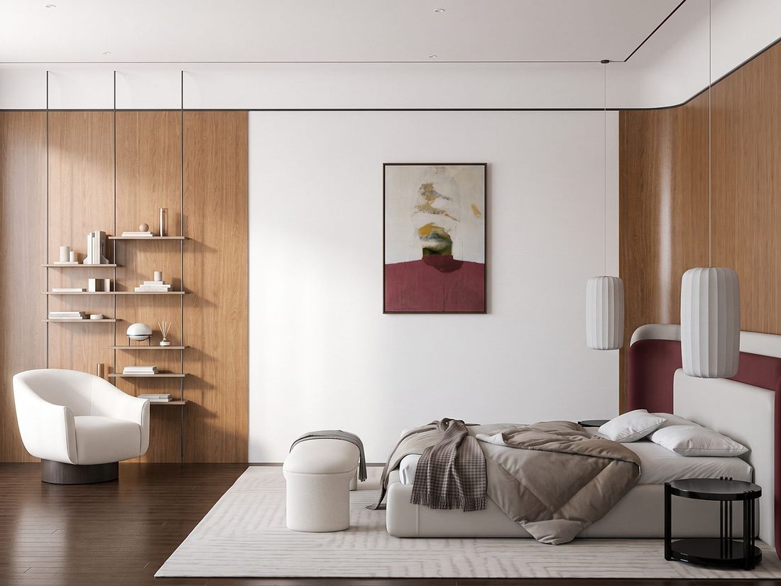 Master bedroom in oak with a burgundy headboard, Sky Villas